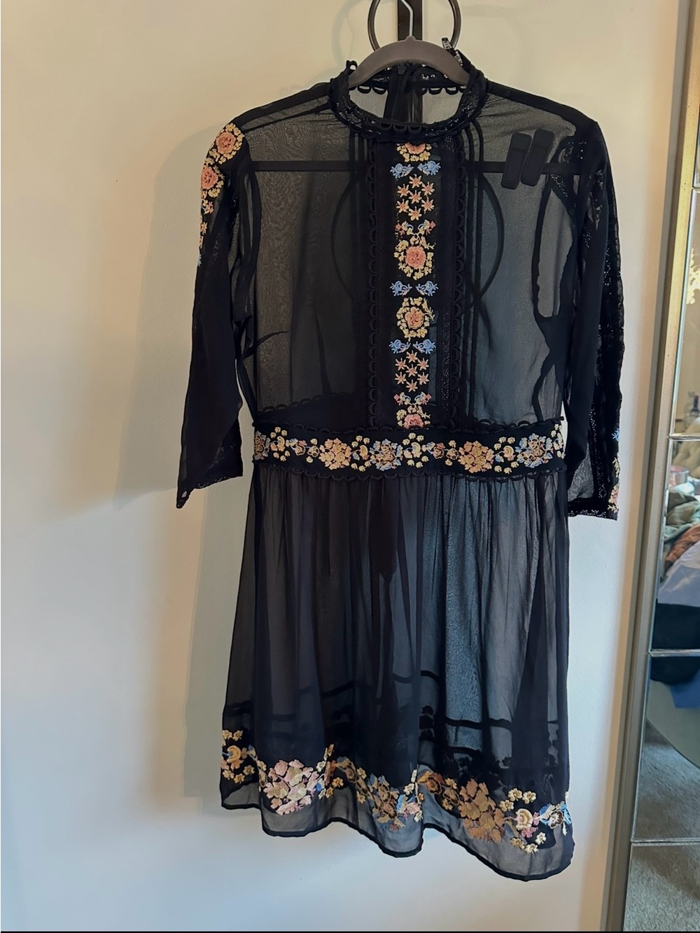 Miss Selfridge Sheer Black Floral Embroidered Women’s Dress